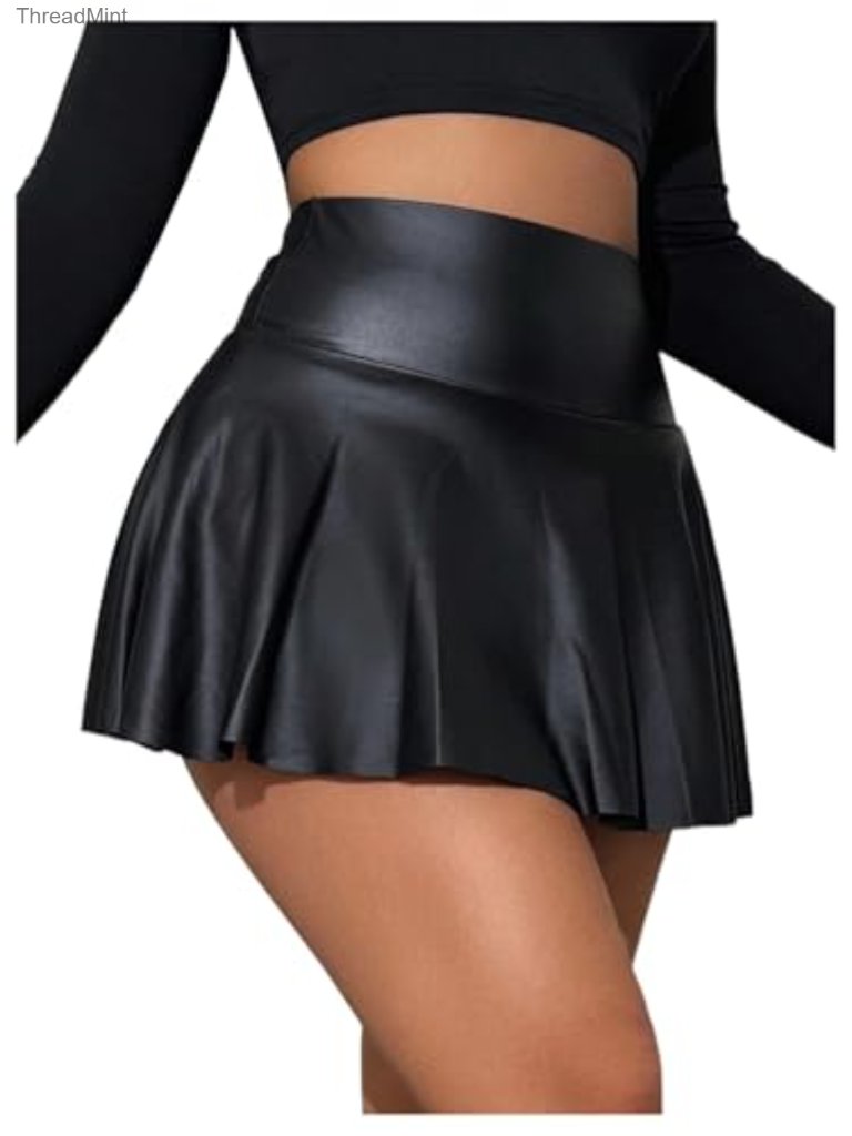 High Waist Faux Leather Skort Ruffle Hem Mini Concert Outfit